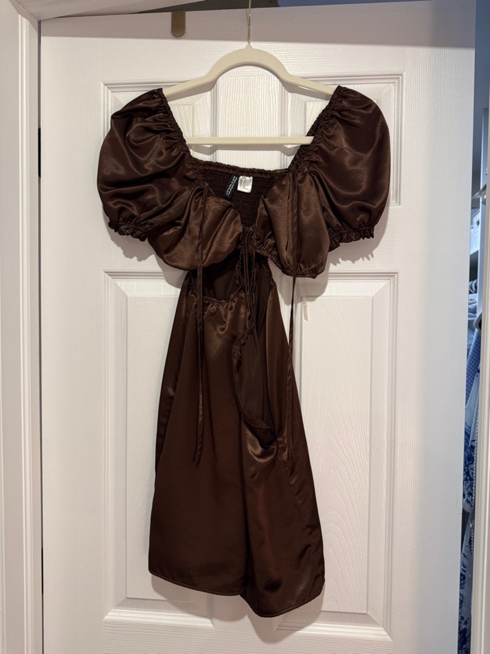 Brown Satin Undivided Puff Sleeve Brown Mini Dress